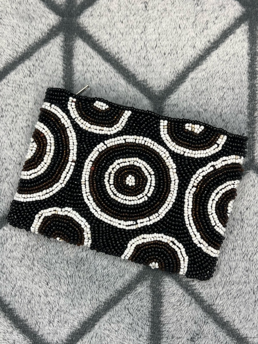 MCM Art Deco Beaded Circle Bullseye Pattern Black Brown & White Coin Purse